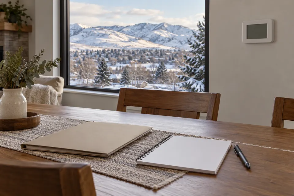 Generated illustration of a Boise home and blank contractor paperwork.